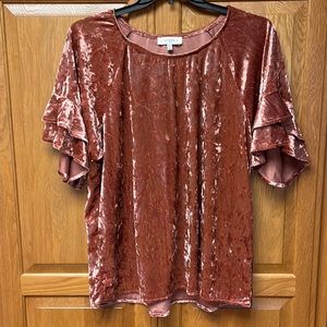 Umgee Crushed Velvet Shirt with layered ruffle sleeve. 1X